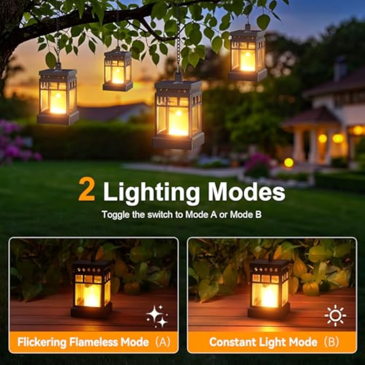 KOOPER Solar Lanterns Outdoor Waterproof, 2 Modes Hanging Solar Lantern with LED Realistic Flickering Flameless Candle, Candles Lanterns Lights Decorative for Outside Hanging Patio Yard Table Tree