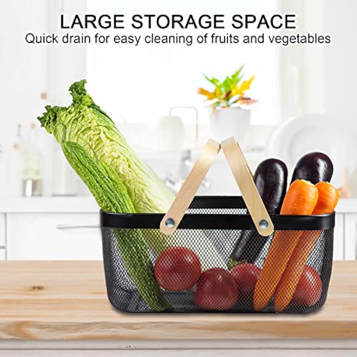 Portable Garden Harvest Basket-Mesh Design Natural Bamboo Handle Wire Storage Baskets,Mesh Basket with Handle Organize Items Reduce Space Occupation,Suitable for Kitchen,Garden,Picnic(Black)