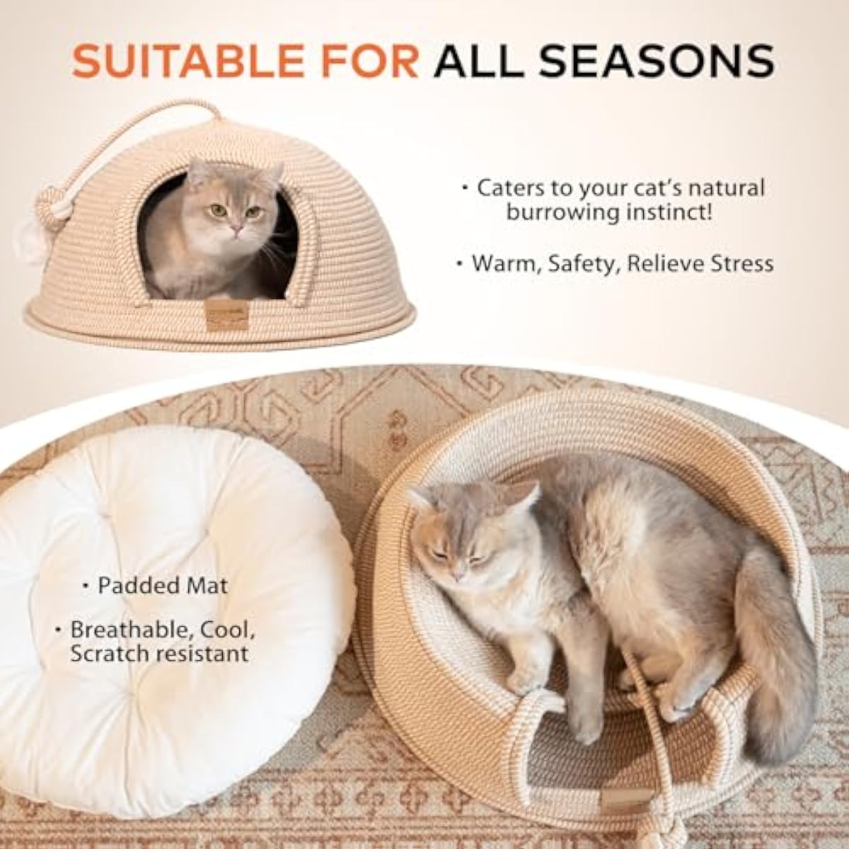 CHEERPALS Cat Cave Bed for Indoor Cats, 3 in 1 Cat House with Washable Cushion and Ball, Scratcher Bed, Cute Rope Bed for Kittens and Large Cat(White)