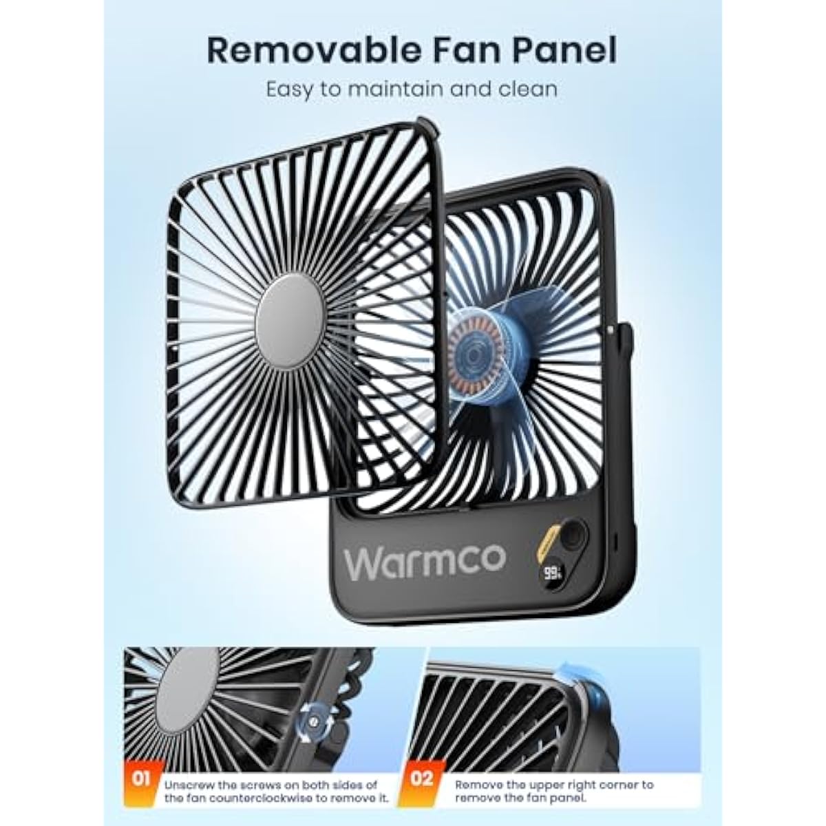 Warmco 10000mAh Portable Travel Fan 7-inch, Max 24H Runtime, Ultra-thin Quiet Rechargeable Battery Operated Desk Fan with Digital Display for Camping, Office, Bedroom, Cruise Essentials