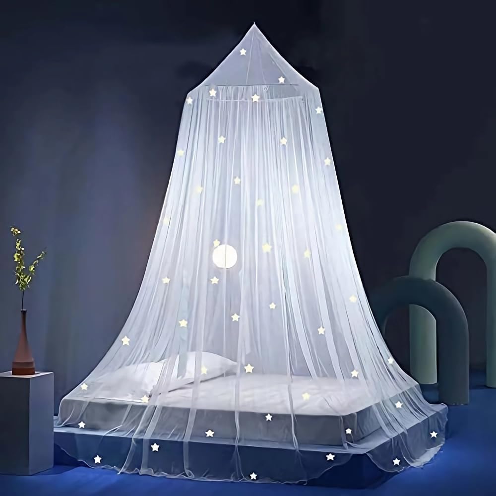 Eimilaly Bed Canopy for Girls Mosquito Net, Princess Bed Canopy for Girls Room Decor - Insect Protection Hanging Canopy for Indoor(Pink,Stars Glow in the Dark)
