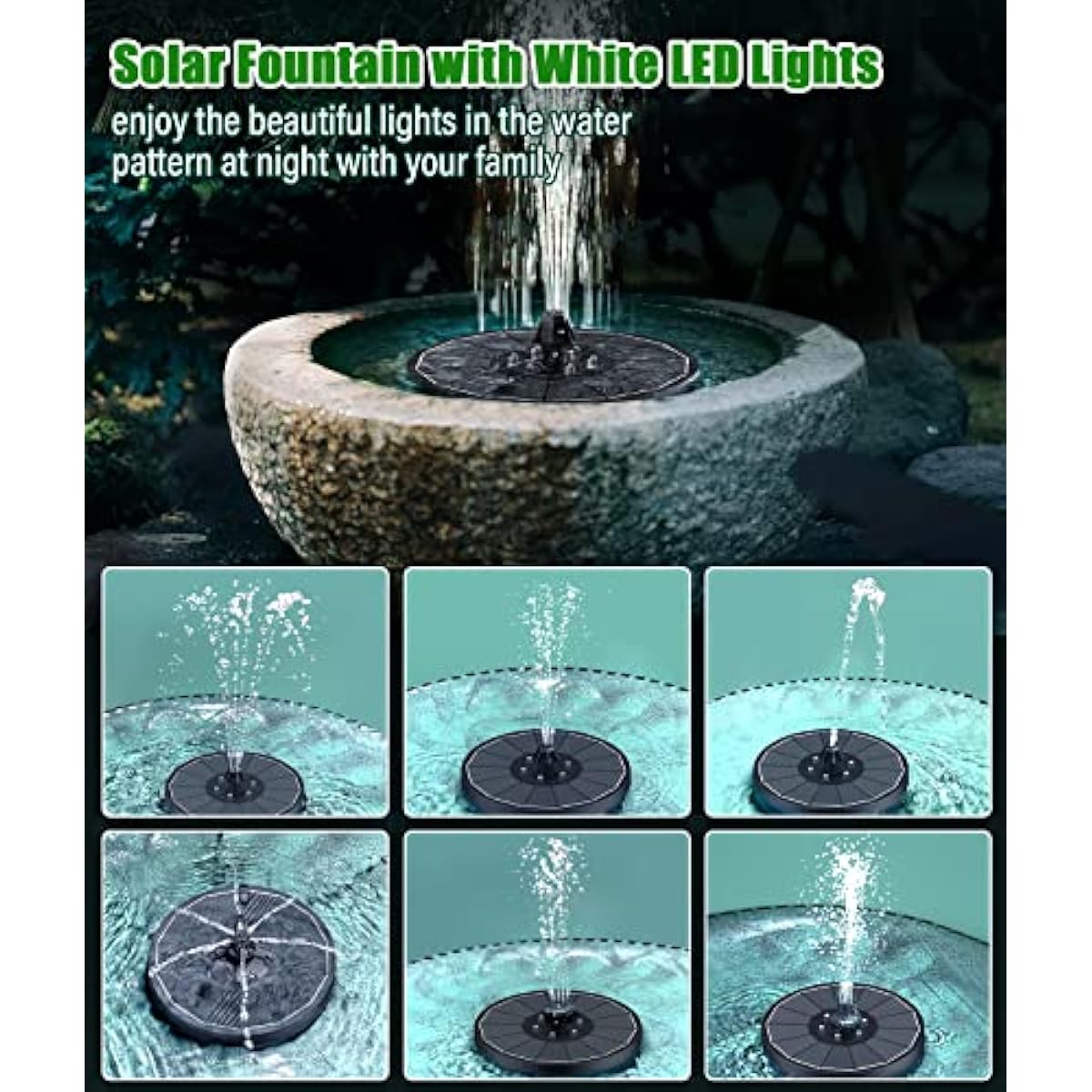 SZMP Solar Water Fountain Upgraded 100% Glass Panel, 3.5W Solar Powered Fountains Built-in 2000 Battery with 7 Nozzle & 4 Fixer, Solar Fountain Pump for Bird Baths, Pond, Outdoor