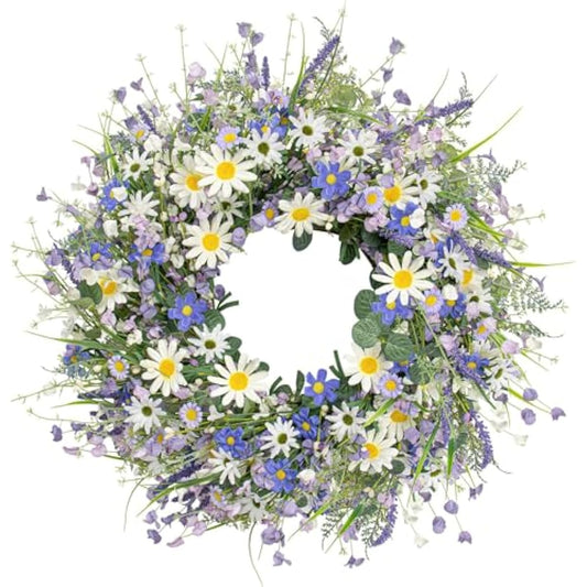 22 Inches Spring Wreaths for Front Door Blue Spring Door Wreath Summer Floral Wreath with Wildflower Lanvender for Wall Porch Indoors Outdoor Window Home Decorations