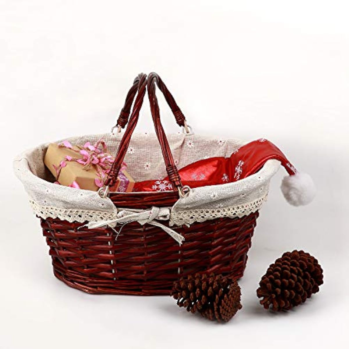 KINJOEK Wicker Woven Basket, Multipurpose Natural Willow Basket with Handle Premium Linen Cotton Cloth Lining for Storage and Decoration, Brown