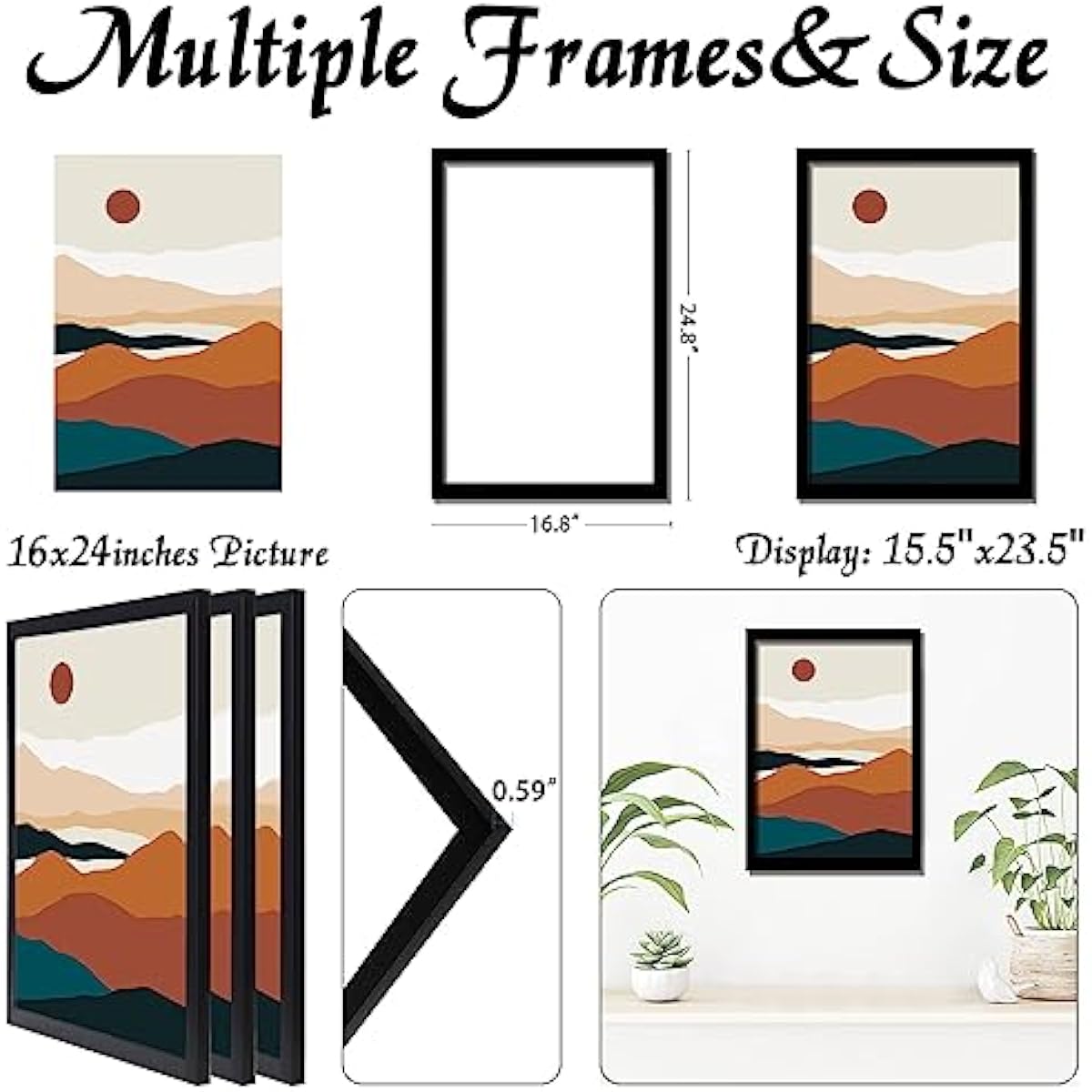 Black 16x24 Picture Frame Set of 3, High Transparent Frame for 16 By 24 Photo Collage Canvas Poster Size Wall Mount and Tabletop Horizontally Vertically (Black, 16 x 24 inches)