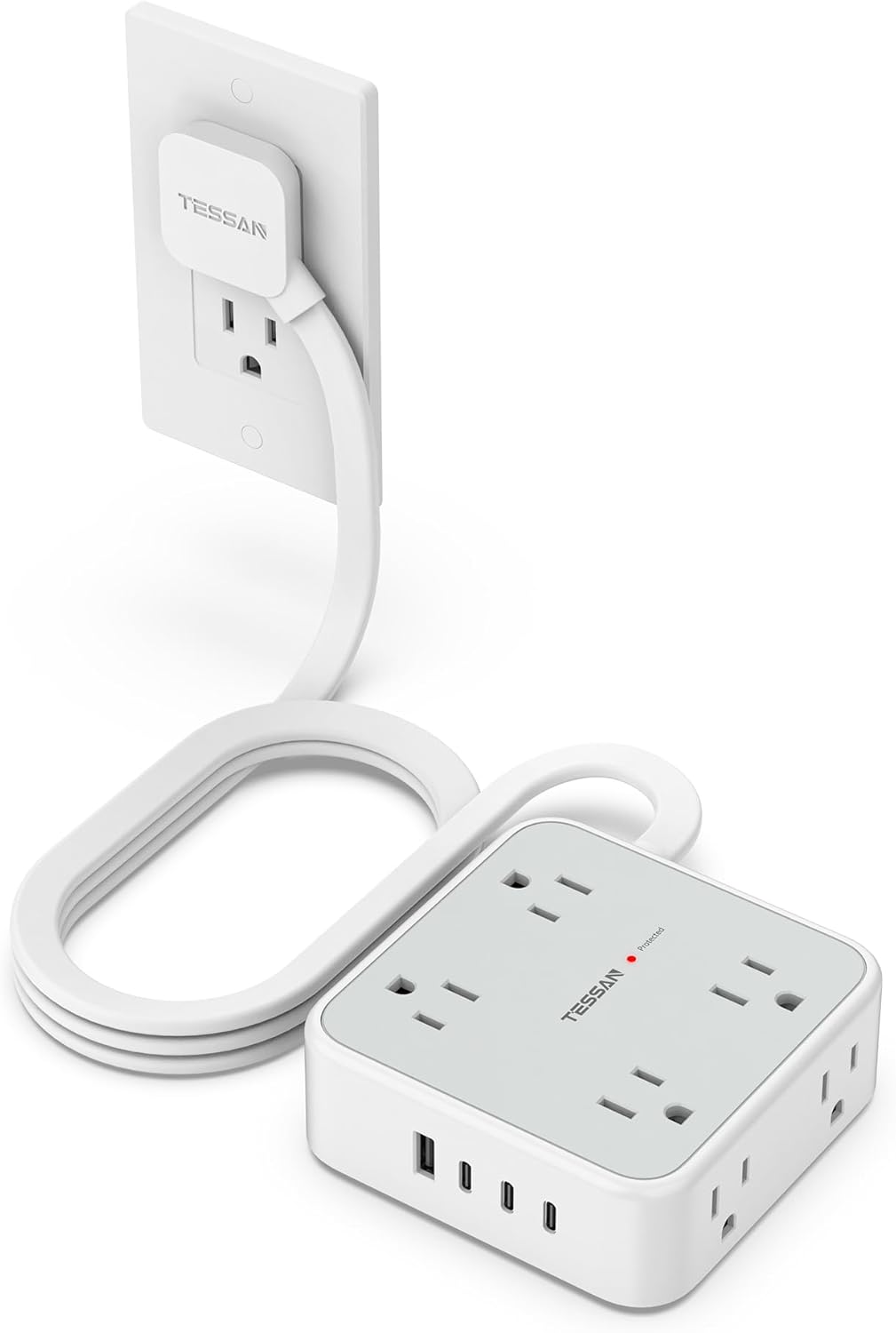 TESSAN Surge Protector Power Strip, 5 Ft Flat Plug Extension Cord with 3 USB (1 USB C) 8 Outlets, 1250W, 900J Protection, 3 Sided Outlet Extender with Power Switch for Office, Dorm Room Essentials
