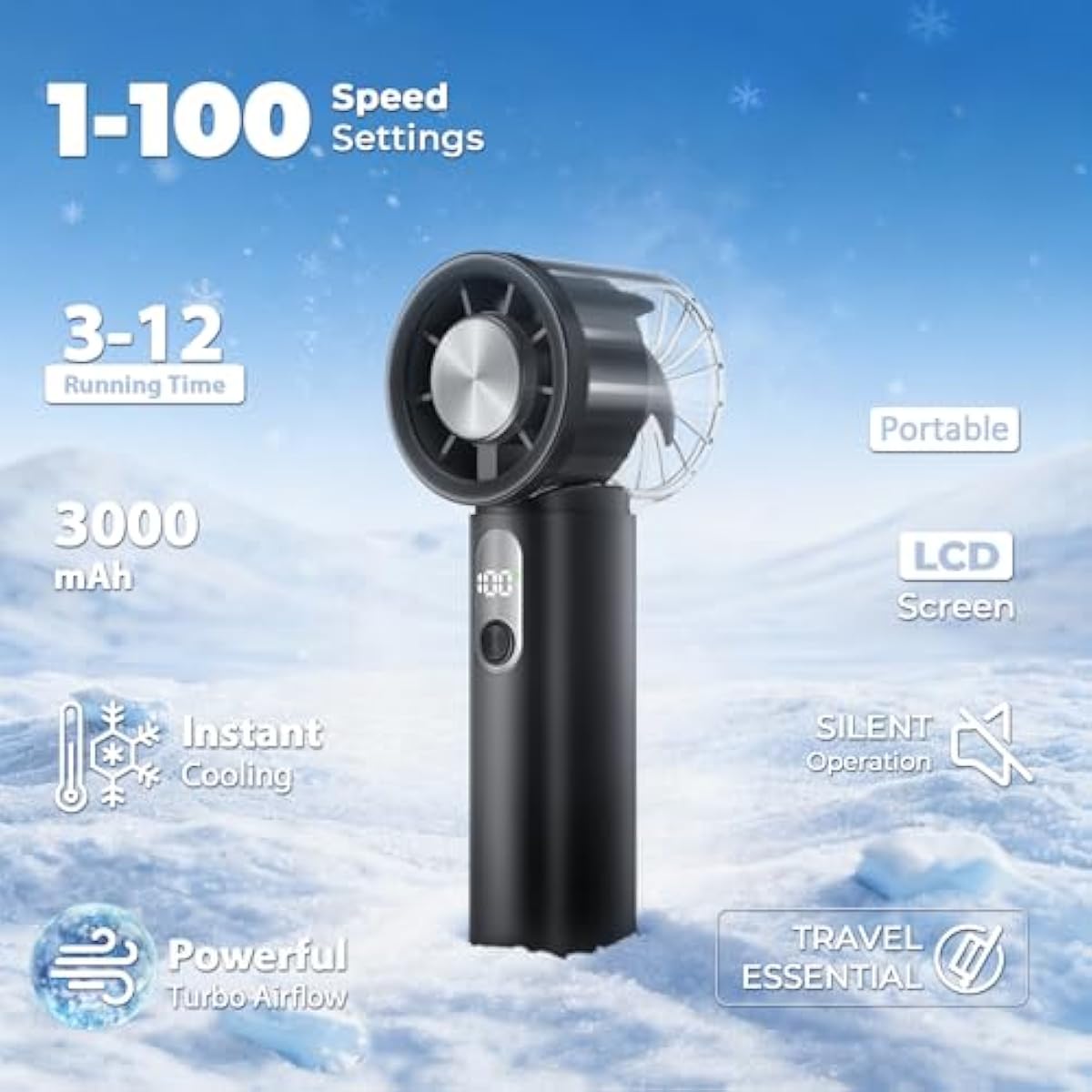 Portable Handheld Turbo Fan with Ice Cooling- 5 Gear High Speed , Mini Hand Fan with Strong Airflow, Up to 12Hrs Cooling, Rechargeable Battery, Powerful Personal Fan for Outdoor, Travel,Working, Black
