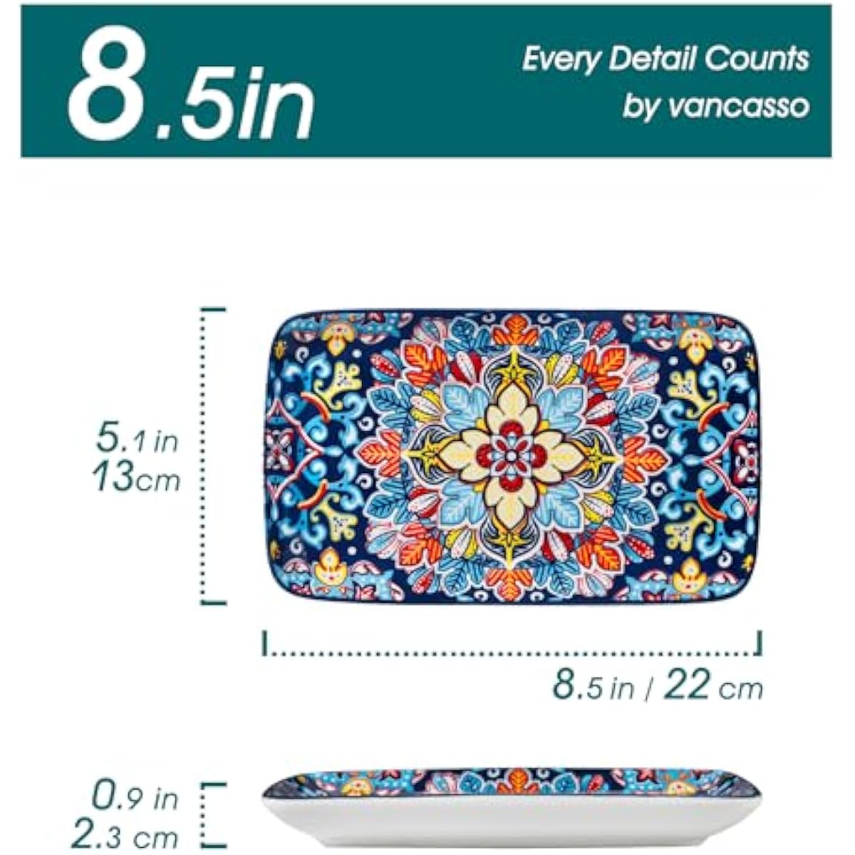 vancasso Simi 6-Piece Ceramic Salad Plates Set - 8.5 Inch, Rectangular Dessert Plates for Sushi, Appetizer, Cake - Microwave & Oven Safe, Porcelain Plates for Kitchen Decor
