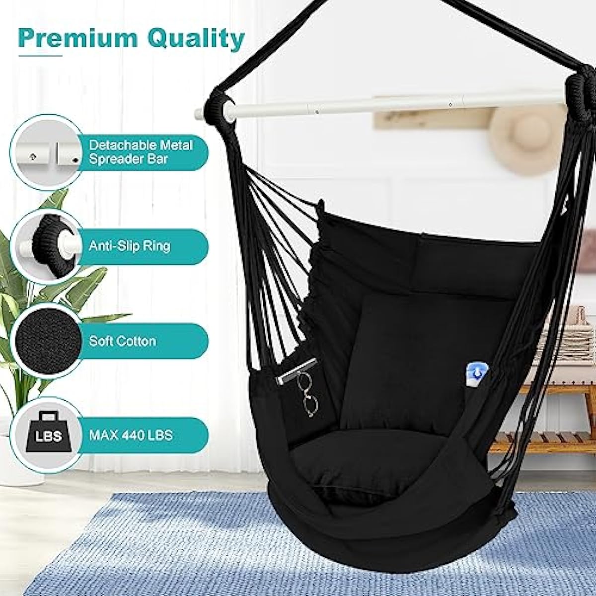 Outerman Hammock Chair, Hanging Chair with 3 Cushions and Foot Rest Support, Sturdy Metal Spreader Bar Max 500Lbs, Swing Chair for Bedroom, Indoor & Outdoor, Patio, Porch or Tree（Black）…