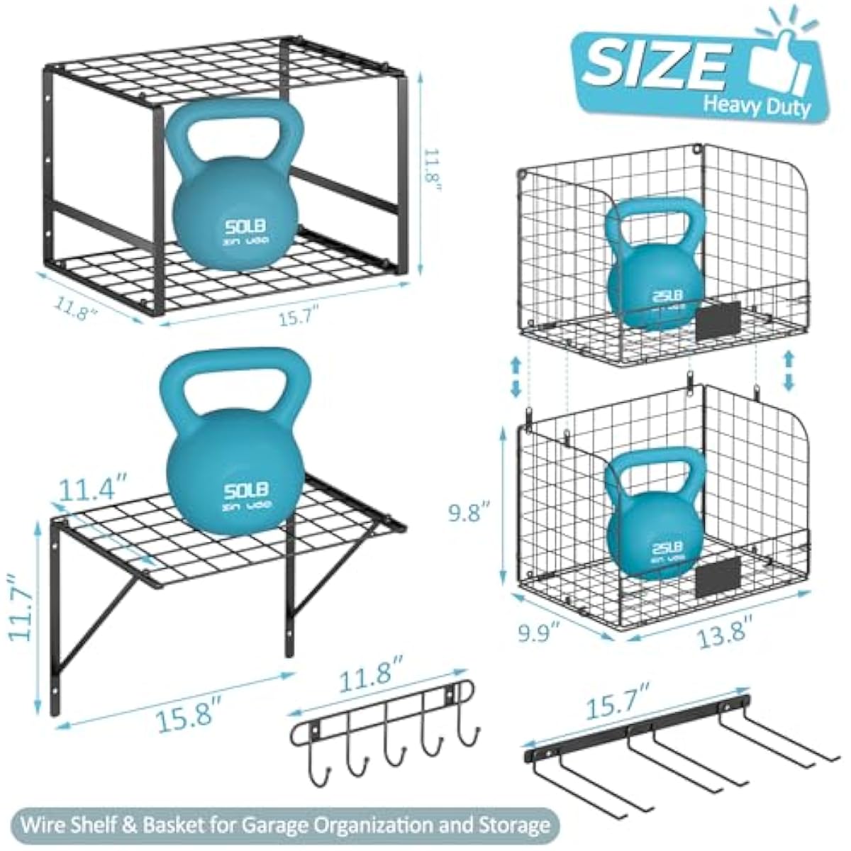 Garage Shelf Wall Mounted with Wire baskets, Heavy Duty Garage Wall Shelving with Garden Tool Rack and Hooks, Wire Shelf Baskets Tool Organizer for Home Garden Yard Organization and Storage