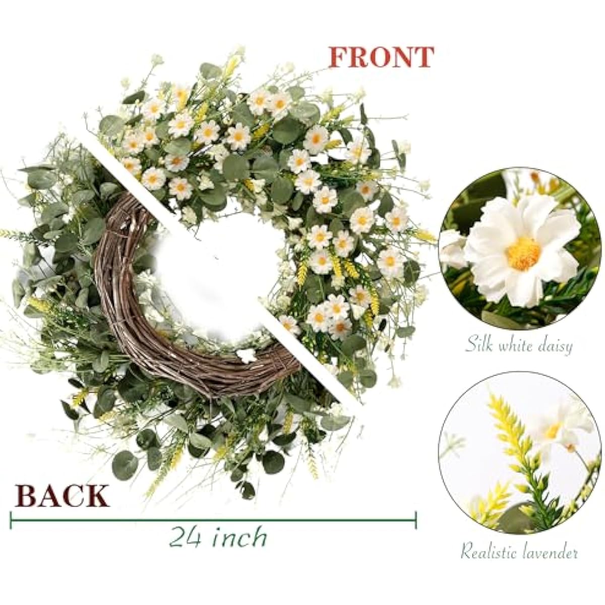 Sggvecsy White Daisy Wreath 24 Inch with Fake Silk Floral Green Eucalyptus Leaves and Lavender for Spring Summer Front Door Window Wall Wedding Farmhouse Festival Decor