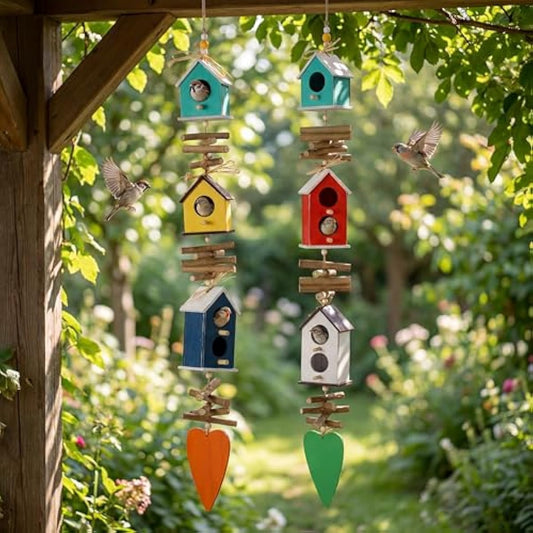 Potchen 2 Pack Hanging Colourful Birdhouse Bird Feeder Outdoor, Garden Village Farmhouse Wooden Bird Feeder for Country Cottages Farmhouse Outdoor Yard Garden Decoration
