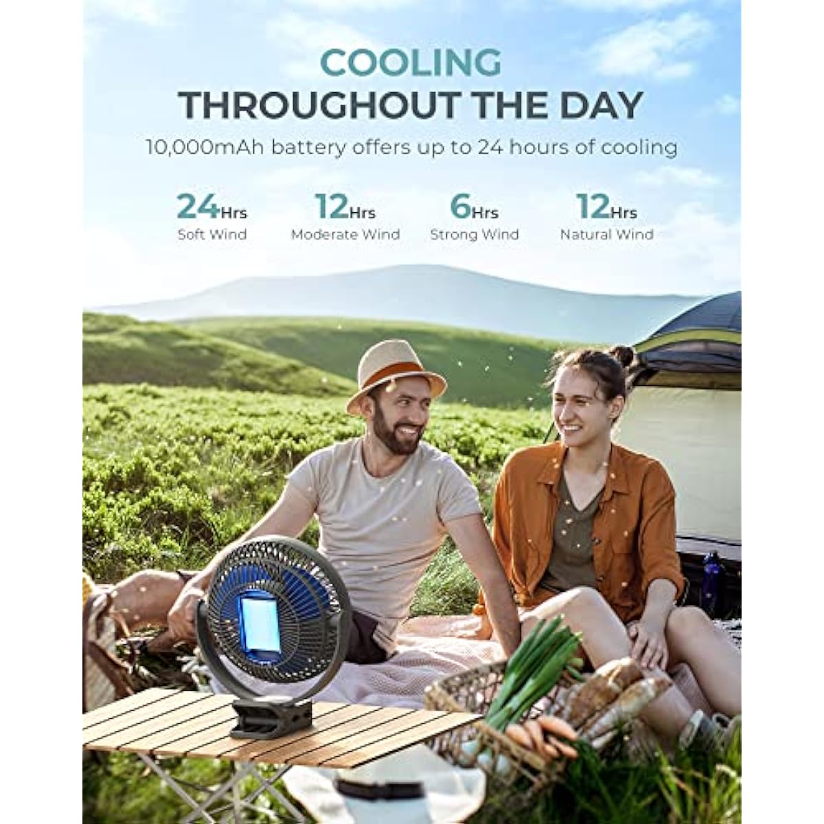 xasla 10000mAh Portable Rechargeable Clip on Fan, 8-inch Battery Operated, 4 Speeds, 24 Hours Work Time for Outdoor, Camping, Golf Cart, Home & Office Use (Blue)