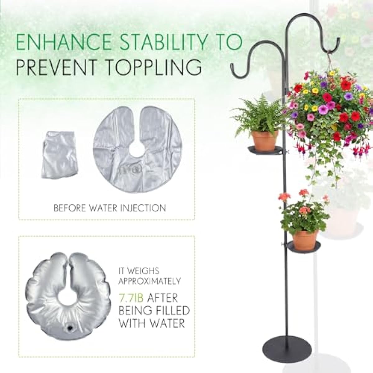 1 Set Upgraded 75.9" Shepherds Hook for Bird Feeder, Hanging Plant Wind Chime Stand, Metal Adjustable Standing Pole Holder for Indoor Outdoor, with 2 Rack & Weight Bag (Classic 2 Hooks)