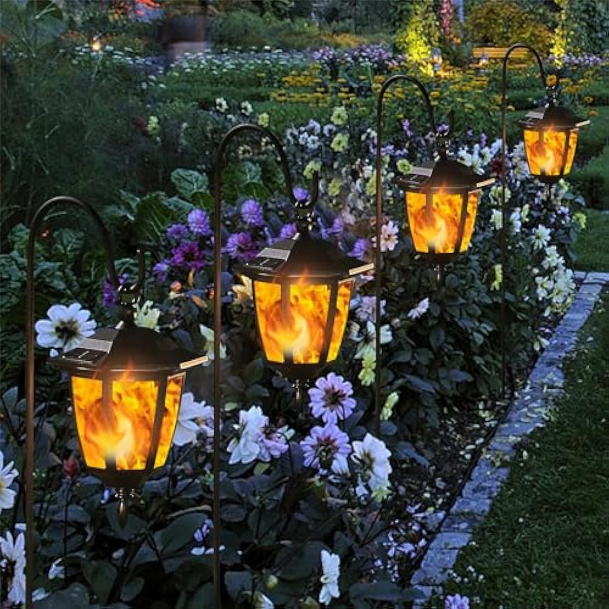 Dynaming 6 Pack Solar Flame Hanging Lights Outdoor, Halloween Solar Flickering Flame LED Garden Lanterns with 6 x 38 Inch Shepherd Hooks, Christmas Lighting for Lawn Patio Yard Pathway Driveway