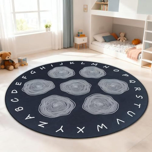 Large Classroom Rugs, ABC Alphabet Educational Area Rug for Kids,6ft Non-Slip Circle Abstract Carpet for Girls and Boys Bedroom,Carpet for Elementary Classroom,Play Rug 7 Seats,Nursery Rugs Washable