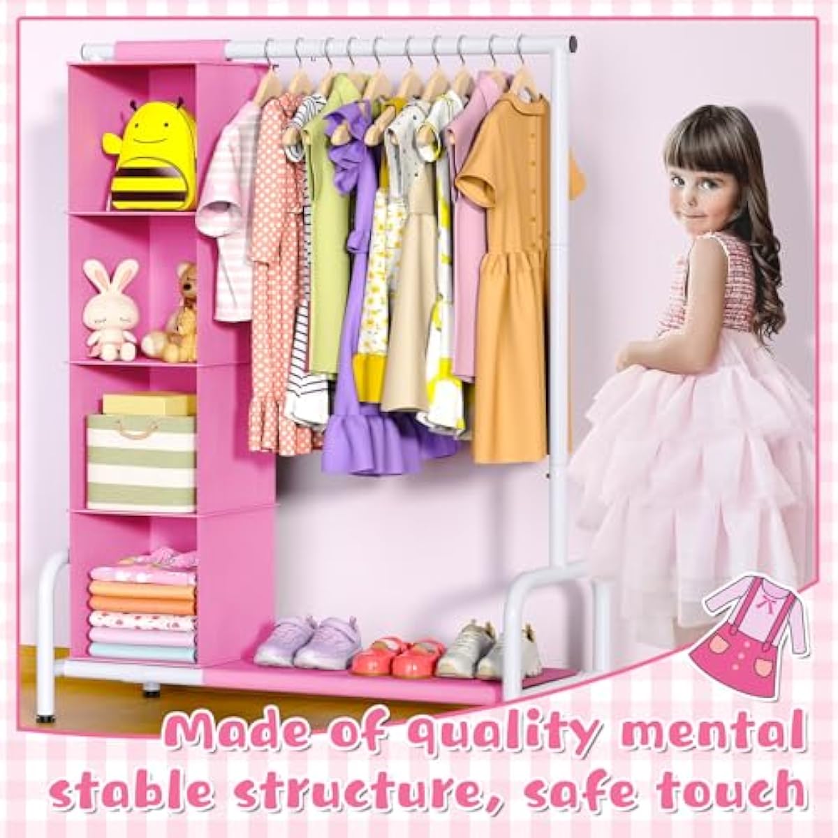 Univivi 43" Tall Kids Clothing Rack, Toddler Dress Up Storage with Hanging Organizer – Sturdy Metal Baby Closet, Space-Saving for Nursery & Bedroom, Pink/White