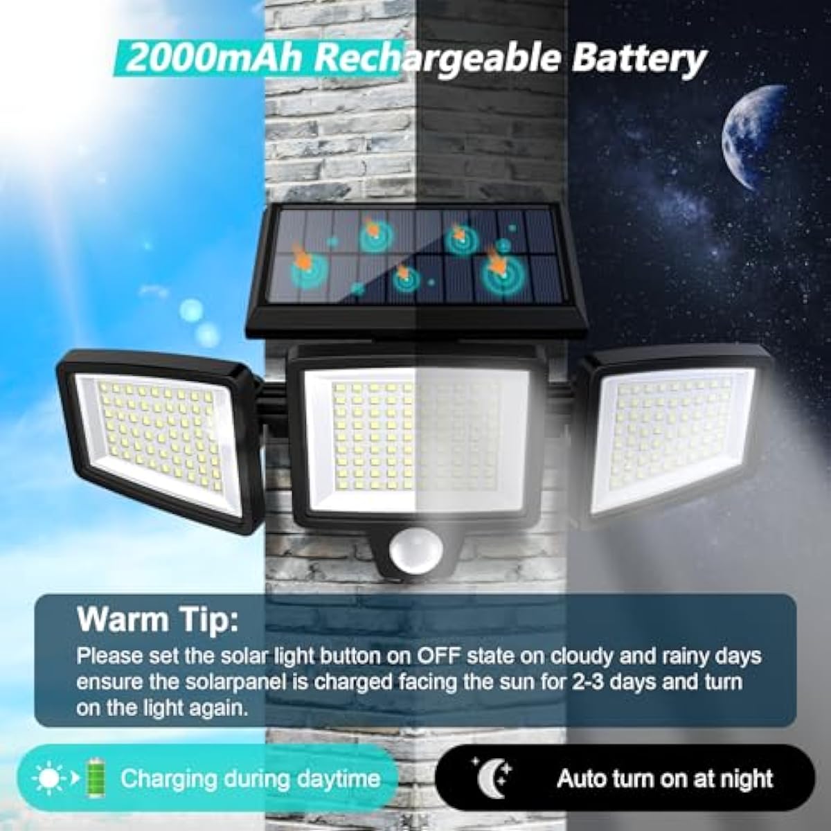 Tuffenough Solar Outdoor Lights 2500LM 210 LED Security Lights with Remote Control,3 Heads Motion Sensor Lights, IP65 Waterproof,270° Wide Angle Flood Wall Lights with 3 Modes(2 Packs)