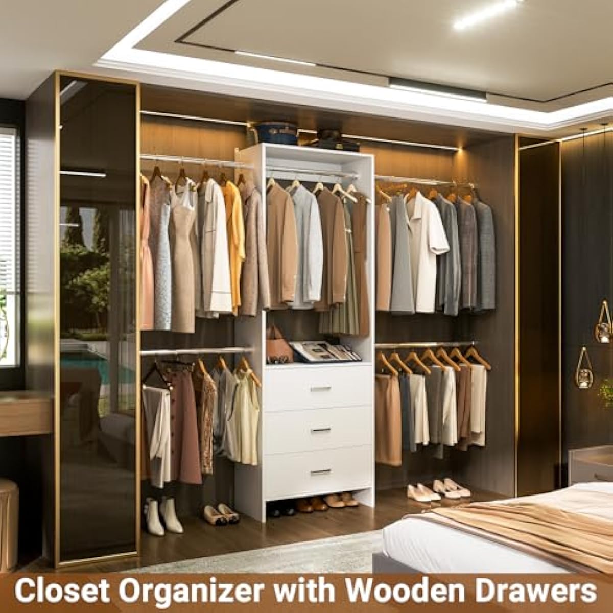 Aheaplus Closet System, Closet Organizer with 3 Wooden Drawers, Closet Organizer System, Walk-in Closet Wardrobe Clothes Rack with 4 Hanging Rods, Garment Rack, -4R, White