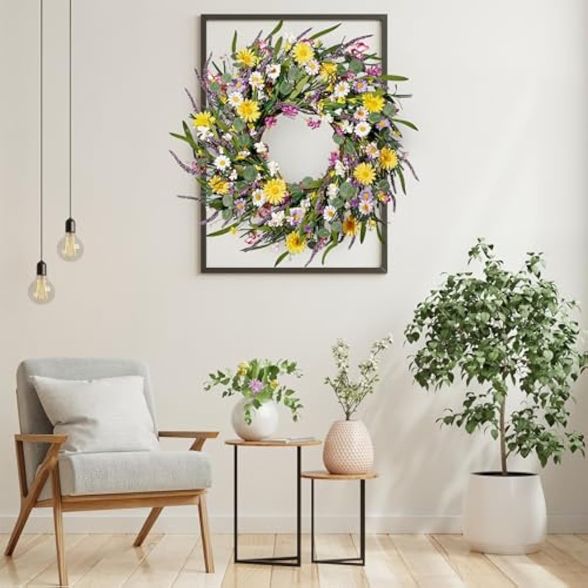 Sggvecsy Daisy and Lavender Wreath 24’’ Wildflower Wreath Spring and Summer Artificial Spring Silk Summer for Front Door Home Wall Wedding Festival Farmhouse Holiday Decor