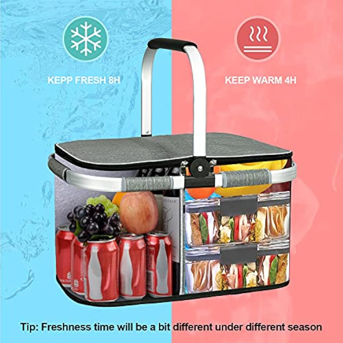LIQING 35L Large Picnic Basket 2 Layers of Internal Pockets Leak-Proof and Insulated ，Folding with Internal Support for enhansed Stability, Wedding Gifts for Couple(Grey)