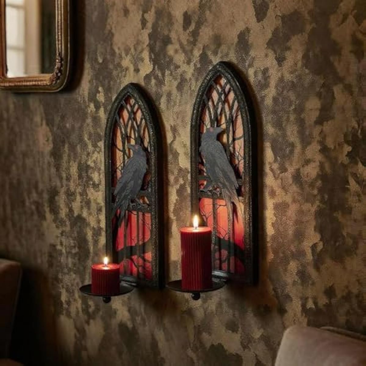 Gothic Wall Candle Sconces Set of 2, Wrought Iron Crow Wall Mounted Candelabra Holder with Removable Trays for Taper & Pillar Candles, Medieval Cathedral Window Design, Dark Academia Decor