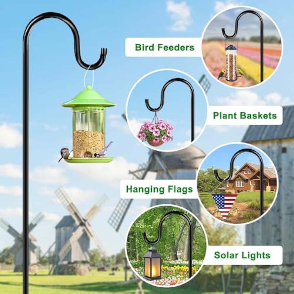 ANIDEER 72" Shepherds Hooks for Outdoor, Heavy Duty Bird Feeder Pole with 7 Base Prongs, Adjustable Garden Hanging Holder for Bird Feeders, Solar Light Lanterns, Garden Plant Hanger Stands, 2 Packs