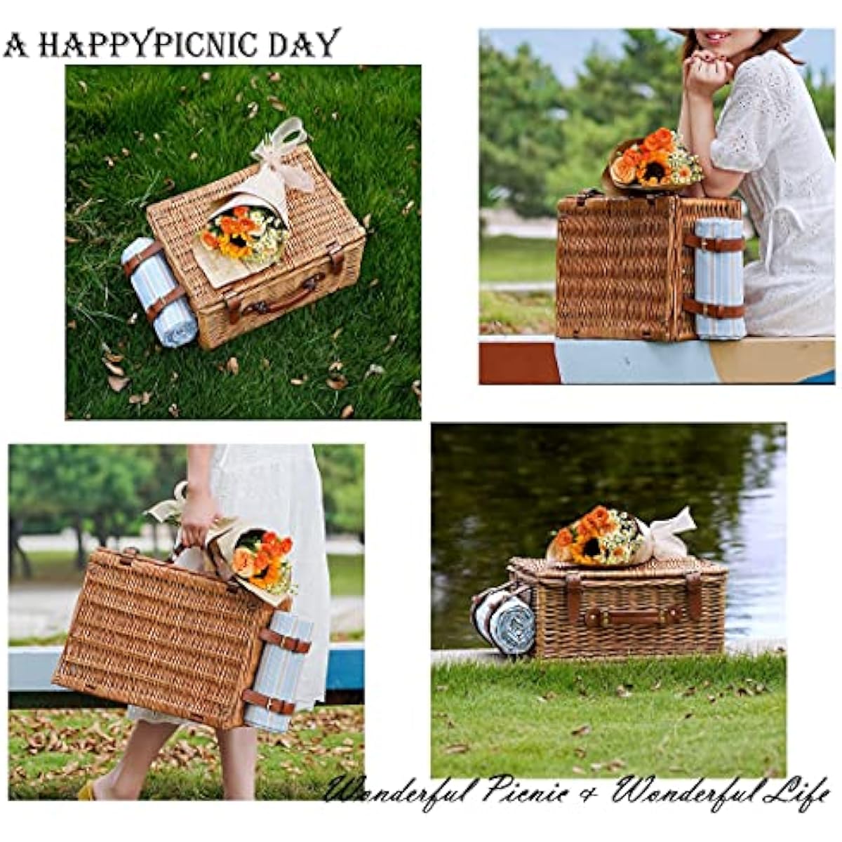 HappyPicnic Wicker Picnic Basket Set for 4 Persons | Large Willow Hamper with Large Insulated Cooler Compartment, Waterproof Blanket and Cutlery Service Kit-Classical Brown