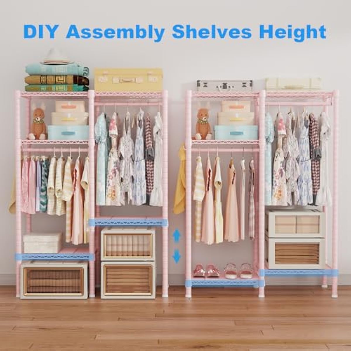 Ulif F1 Clothes Rack for Kids, Baby, Students, and Children's Room, 4 Tiers Portable Metal Closet Clothing Rack, Small Garment Rack with 2 Hanging Rod, 31.2" W x 11.8" D x 48" H, Pink