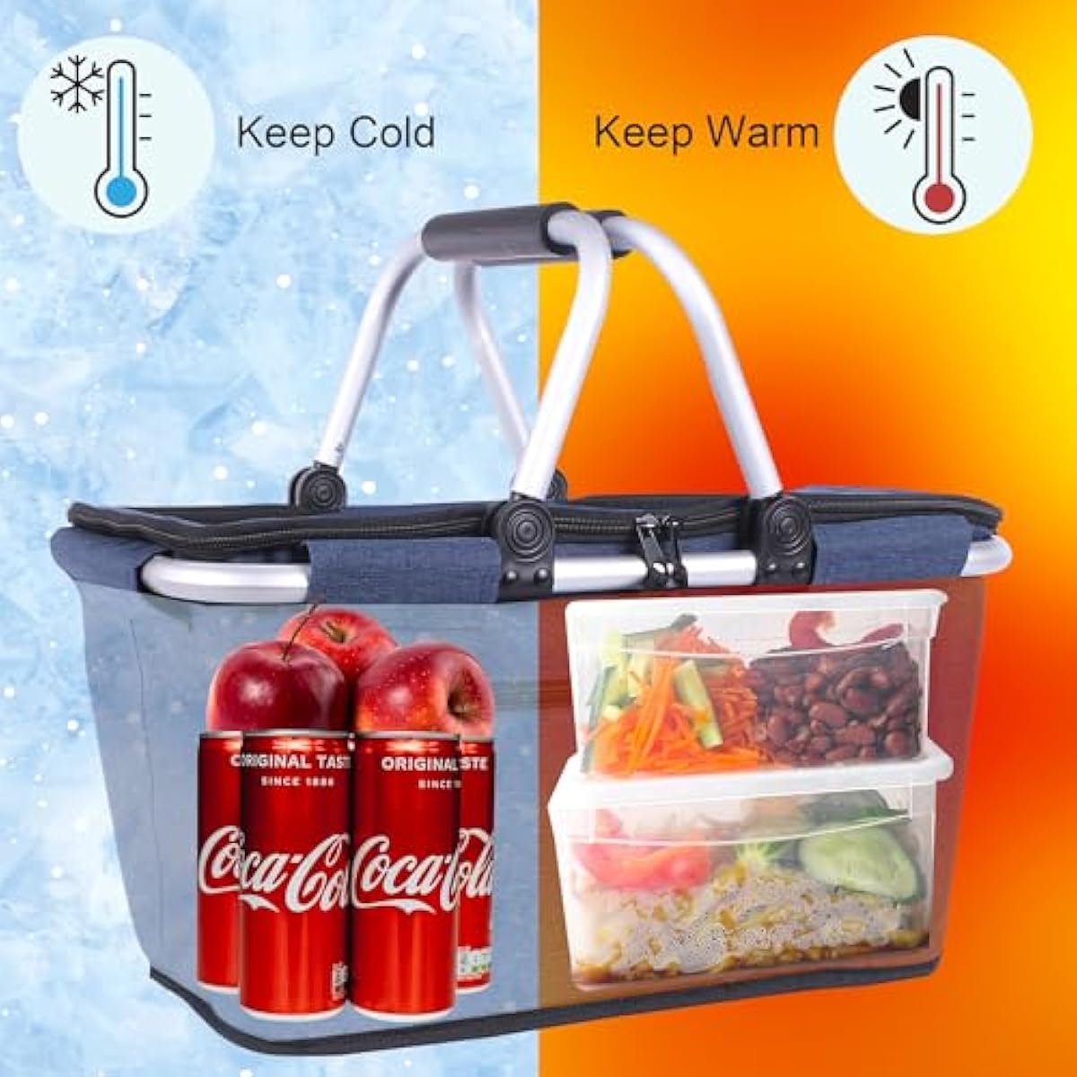 Picnic Basket, SIYUAN Collapsible Shopping Basket with Lid 27L Large Market Basket with Handles Reusable Folding Grocery Basket Insulated Cooler Bag for Picnic Travel, Blue