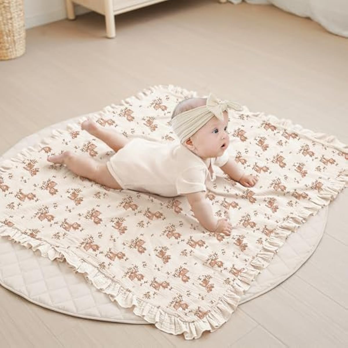 Konssy Flounce Muslin Baby Blanket for Girls Boys, 100% Cotton Soft Crib Swaddle Blankets, Reversible & Breathable Nursery Bedding for Newborns Toddlers, 40 x 36 Inches (Deer)