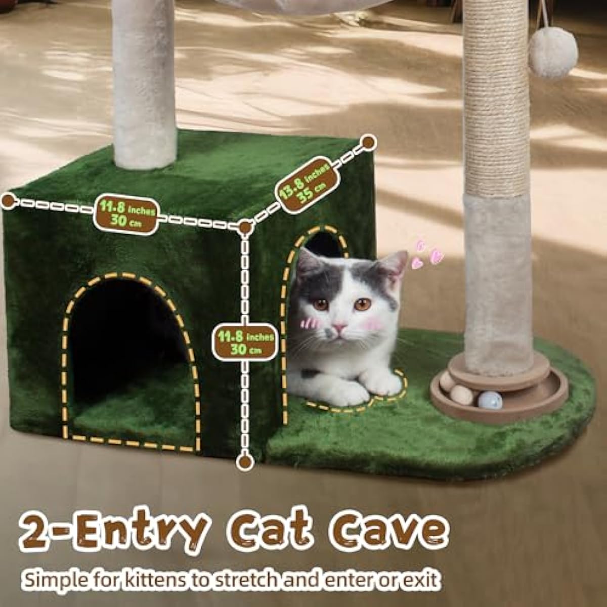 Cat Tree 38" Cat Tower with Large Hammock Metal, Cat Scratching Post for Indoor Cats with Condo, Cat Playground Track Balls and Bouncy Ball, Green and White