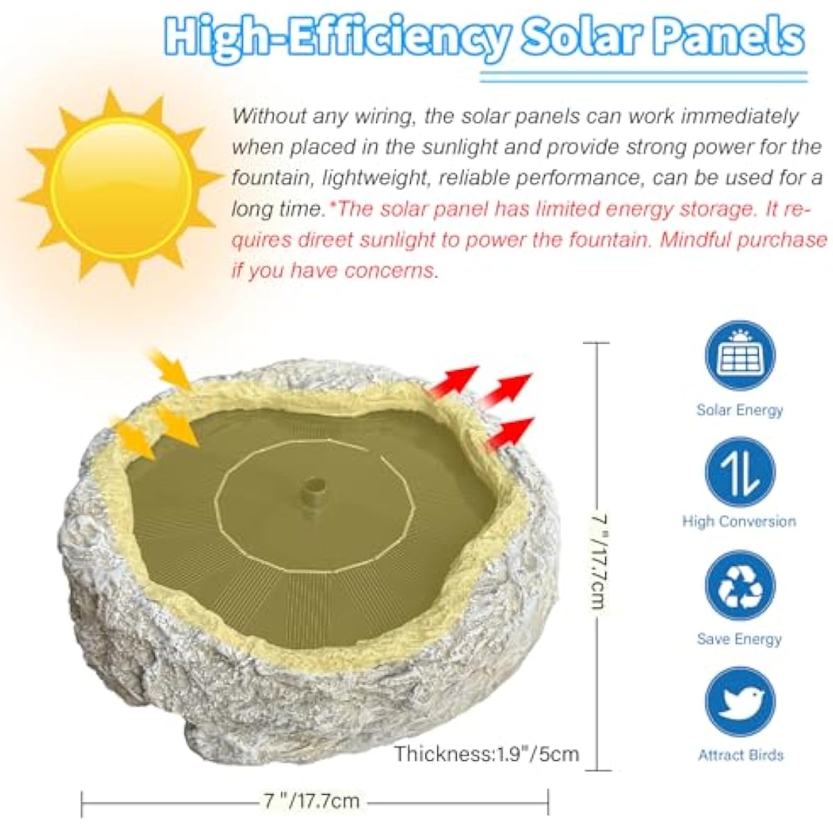 SAC SMARTEN ARTS Solar Fountain for Bird Bath with Solar Panel Resin Granite Rock Solar Water Fountain Pump for Bird Bath Outdoor Hummingbird Birdbath Fish Tank Pond with 5 Nozzles