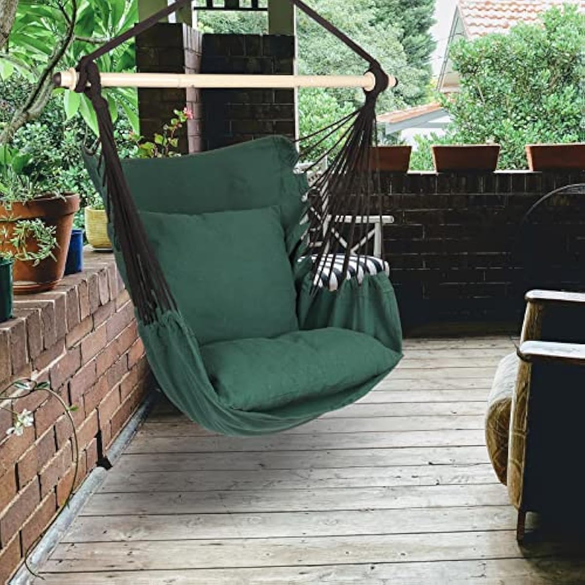 Highwild Hammock Chair Hanging Rope Swing - Max 500 Lbs - 2 Cushions Included - Steel Spreader Bar with Anti-Slip Rings - for Any Indoor or Outdoor Spaces (D- Cushions Included-Green)
