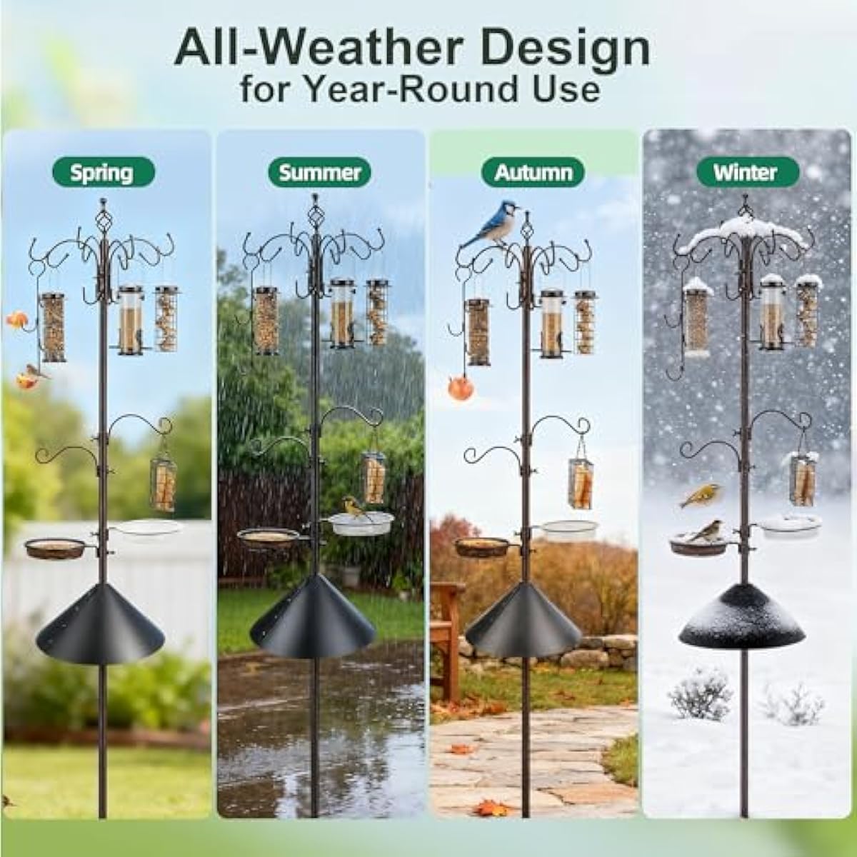 Bird Feeding Station Kit with Squirrel Baffle Bird Feeder Pole with Suet Cage Mesh Tray Fruit Hook Double W Hook for Attracting Wild Birds and Hanging Planter Hanger Lights