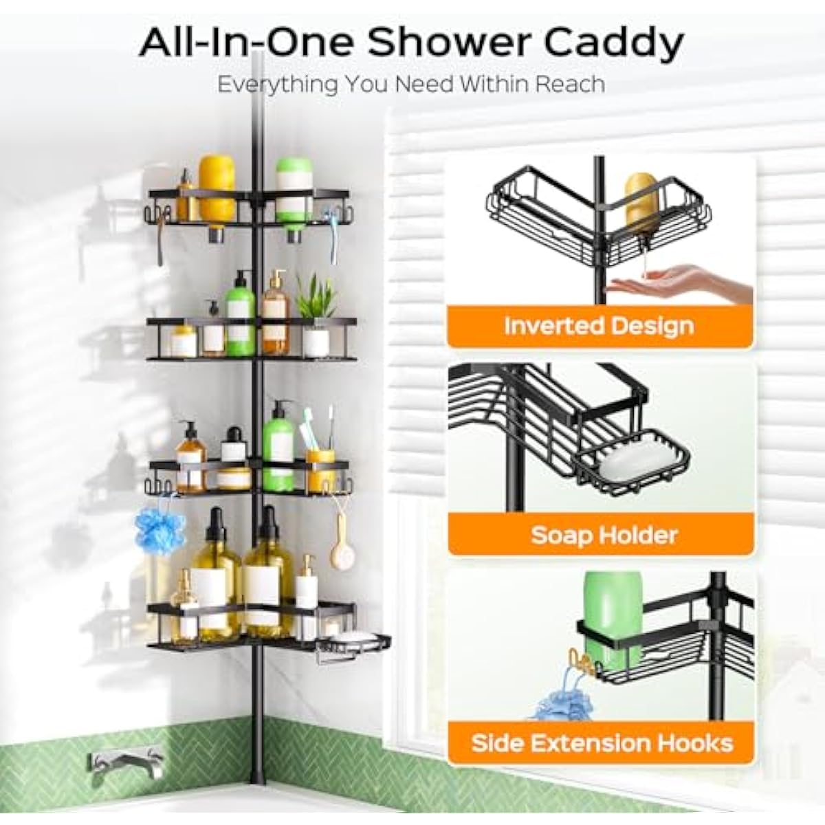 HAMITOR Shower Caddy Tension Pole: 4-Tier Corner Rustproof Bathroom Organizer with Soap Holder & Hooks - No-Drill Adjustable Shower Shelf for Renters - Family Stand Storage Rack - 47-123 Inch Black