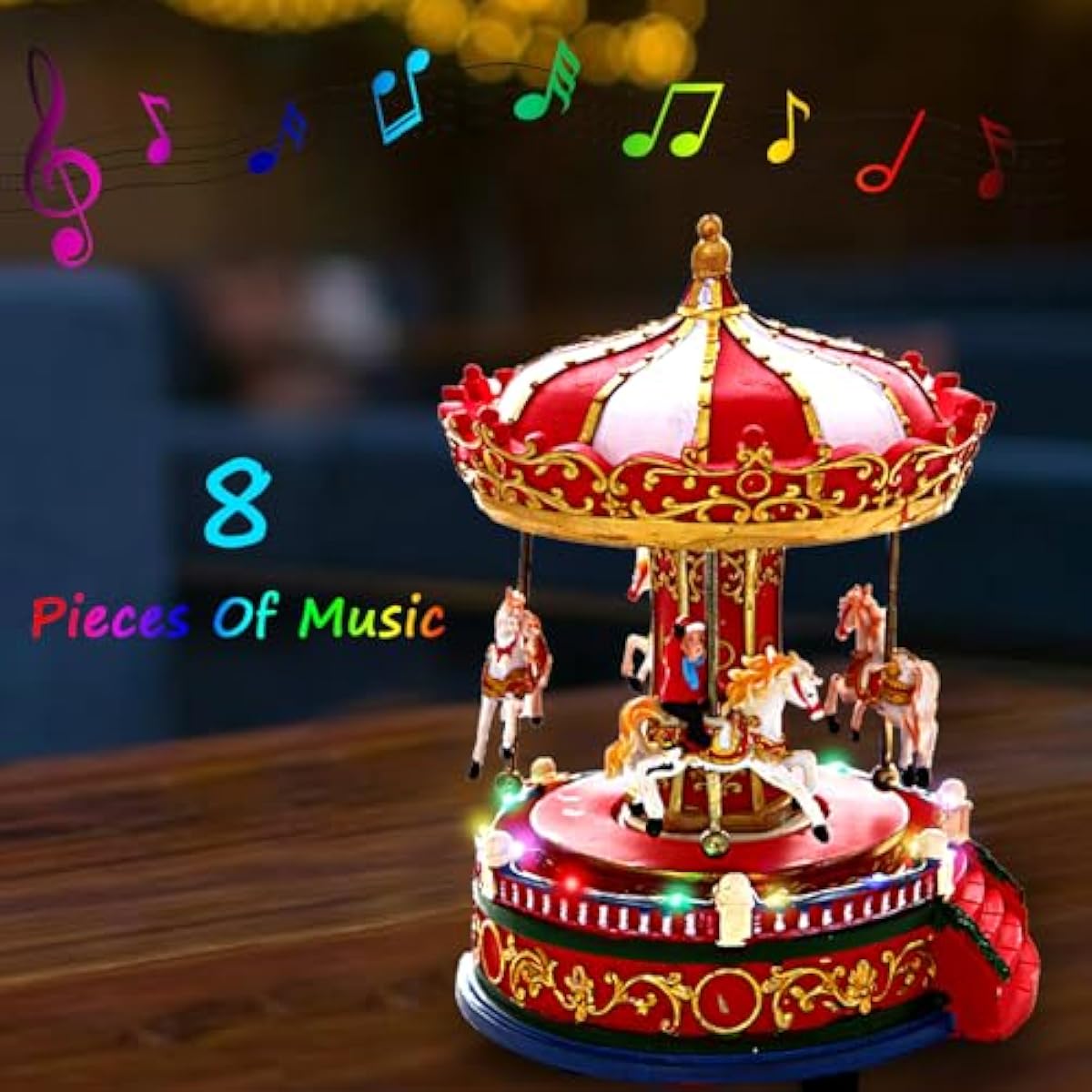 Christmas Carousel Figurines Decoration Christmas Village House Musical Carousel with 6 Moving Horses Go Round, 8 Pieces of Music Snow Globe, Music Box for Girl and Boy Kids (Carouel)
