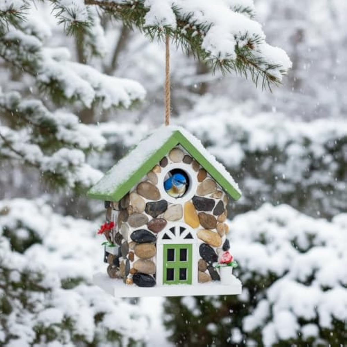 Masterpiece Bluebird House for Outside Clearance,Hanging Bird House for Outdoor, Stone Villa, River Pebbles Birdhouse for Outside, Garden Statue Solid Wood Longtime Lasting, Post Pole Mountable