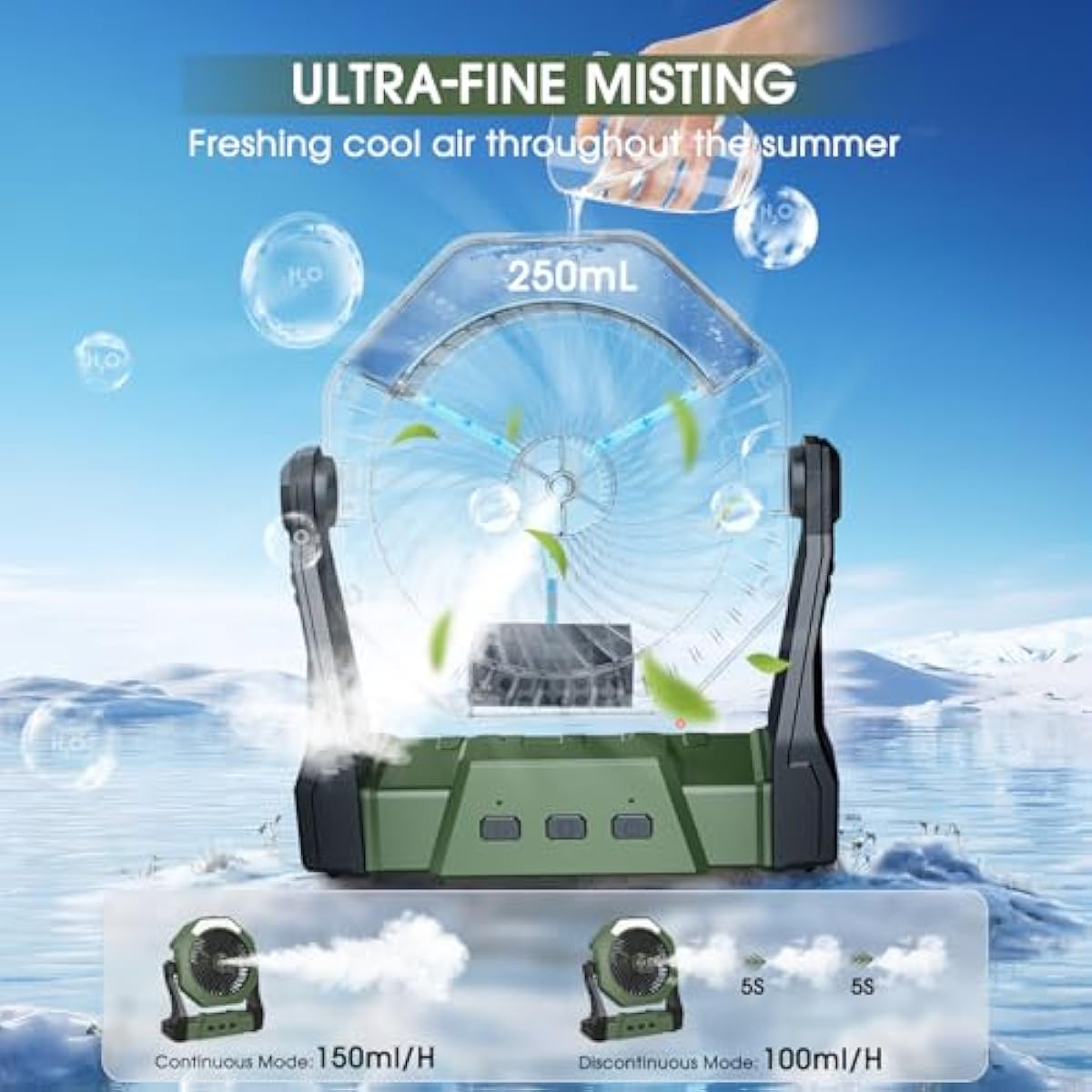 Ausic Portable Misting Fan for Outdoor Cooling, [16-65Hrs] Battery Powered Mist Fans with Water Misters & LED Lantern, 8-Inch, 250mL Tank, for Patios, Home, Outside, Camping, Outdoor&Indoor Use