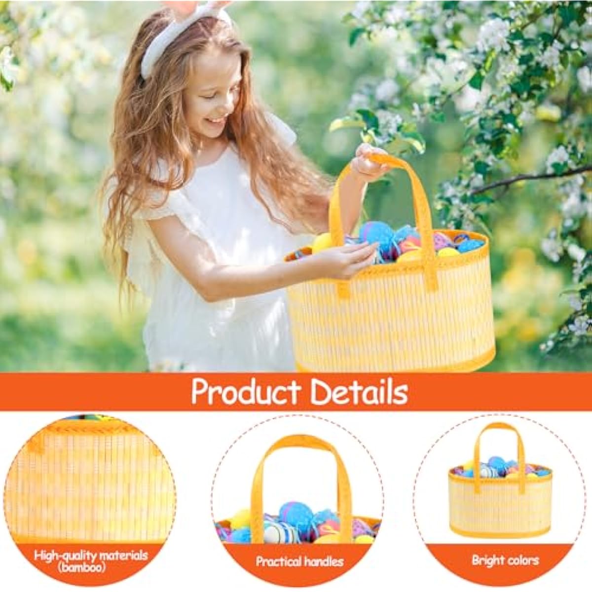 4Pcs Foldable Easter Woven Bamboo Baskets Empty, Oval Easter Basket Bulk Set with Handle, Large Easter Baskets for Easter Egg Hunt Party Favor Picnic Supplies Gift Packing - Pink Yellow Green Blue