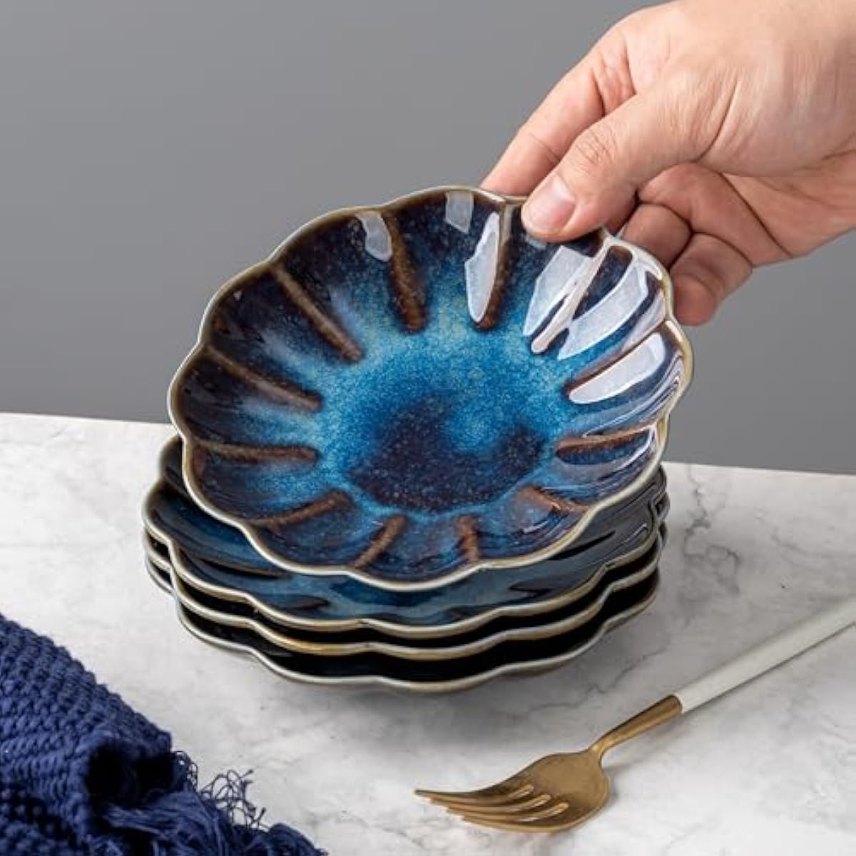Small Dessert Plates Set of 4,Ceramic Dinner Plates 5.7 Inch for Appetizer, Fruits, Cake, Salad,Microwave Safe,Christmas Gift,Flambe Blue