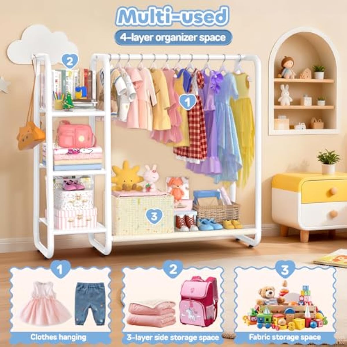 Kids Clothing Rack: Portable Kids Dress up Rack with 4 Storage Shelves & Coat Hook,Sturdy Closet Organizer for Toddler Baby Playroom Bedroom Use(Classic,White)