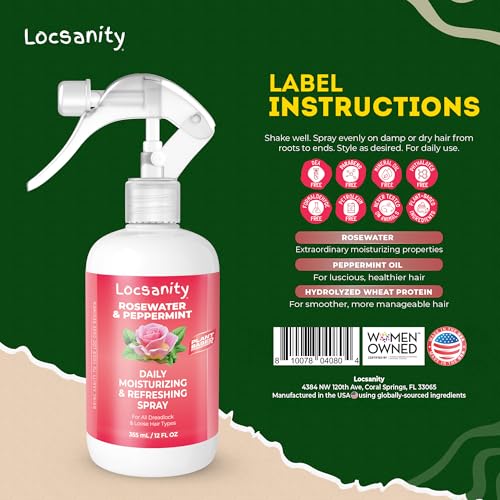 Loc Spray - Locsanity Daily Moisturizing Rosewater & Peppermint Spray for Locs, Dreadlocks - Lightweight Frizz Control Hair & Scalp Moisturizer - Natural Loc Care (12 fl oz)