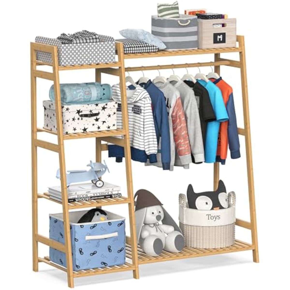 Kids Clothing Rack with Shelves, Bamboo Clothes Garment Rack for Kids Child Baby, Kids Dress Up Storage Rack with Top Shelf, Toddlers Wardrobe Closet for Nursery (Medium Size)