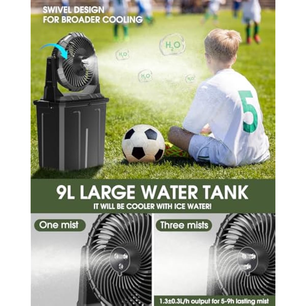 Ausic Portable Misting Fan - 9L Bucket, 10-inch Outdoor Fans for Patios/Camping/Beach/Golf etc., 20000mAh USB Rechargeable Battery Powered Floor Water Cooling Fan, 3 Strong Winds, 3 Spray Mister