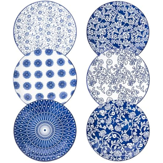 Ceramic Salad Plates Set - 8.5 Inch Small Round Dessert Dishes for Kitchen Dinner Pasta Appetizer Sandwich - Scratch Resistant Porcelain Microwave Oven Dishwasher Safe - Set of 6 - Vintage Blue