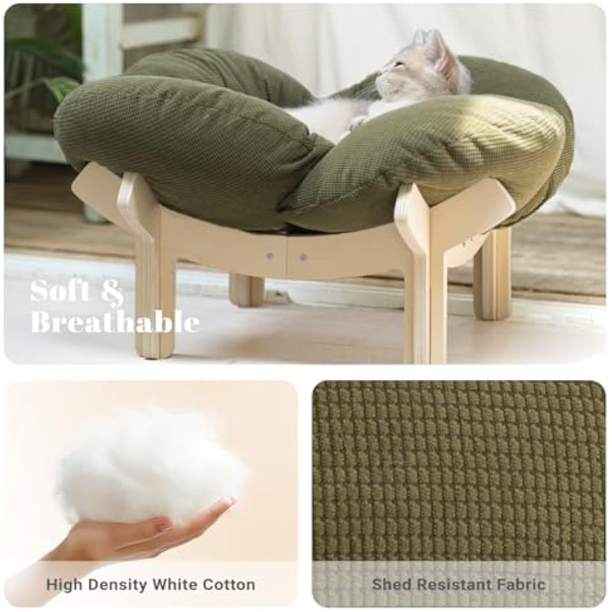 CHEERHOME PETS Elevated Cat Bed Wooden with Cushion Fluffy Pet Couch Sofa for Indoor Cats Raised Kitty Lounge Chair Suitable for Puppy, Cat Furniture(Green)