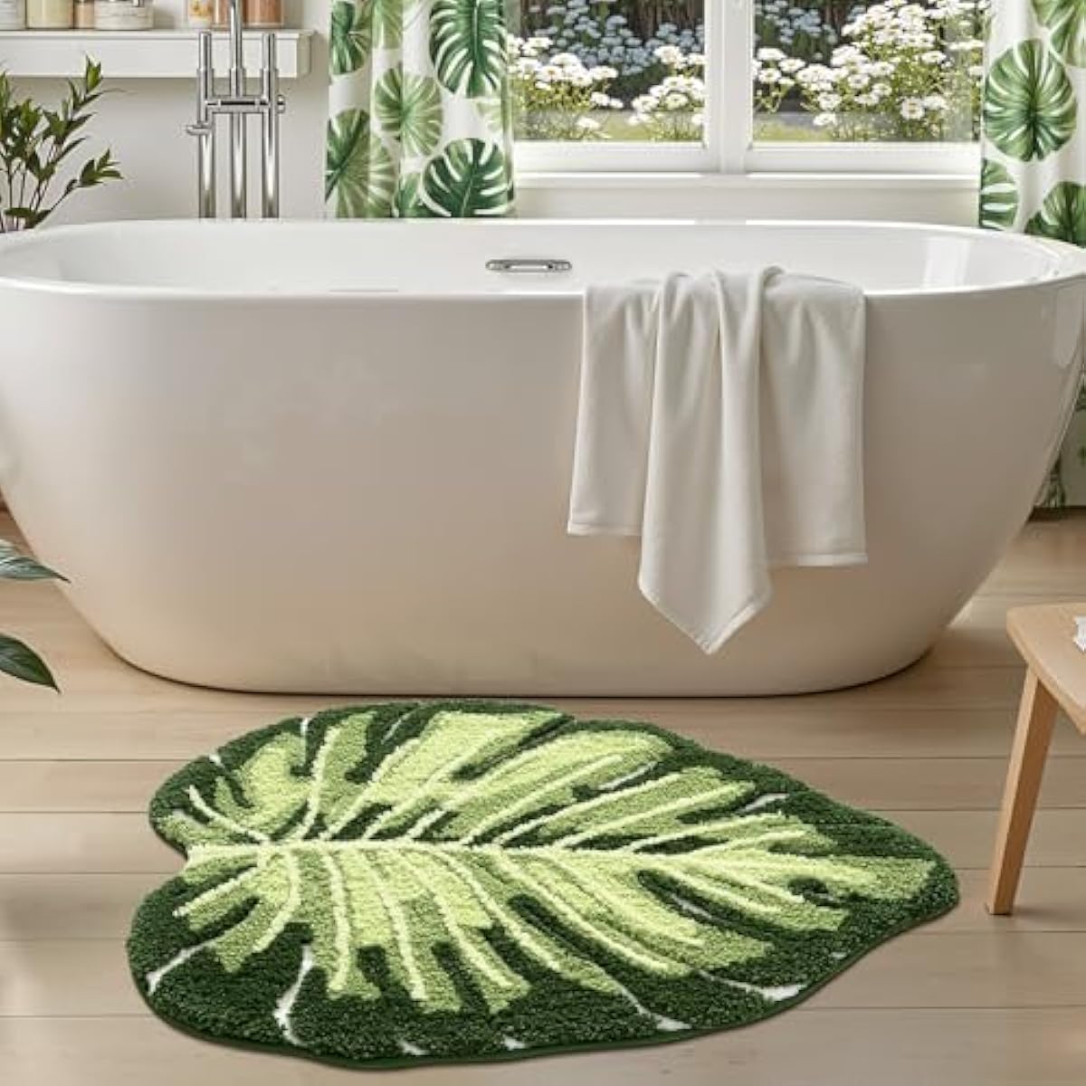 LUMI Cute Bathroom Rugs with Green Leaf Plant, Soft, Fluffy, Plush, Absorbent, Quick Dry, Non Slip, Machine Washable for Shower Floor, Bathroom, Bedroom, Kids Room, 31.5"x47", Monstera