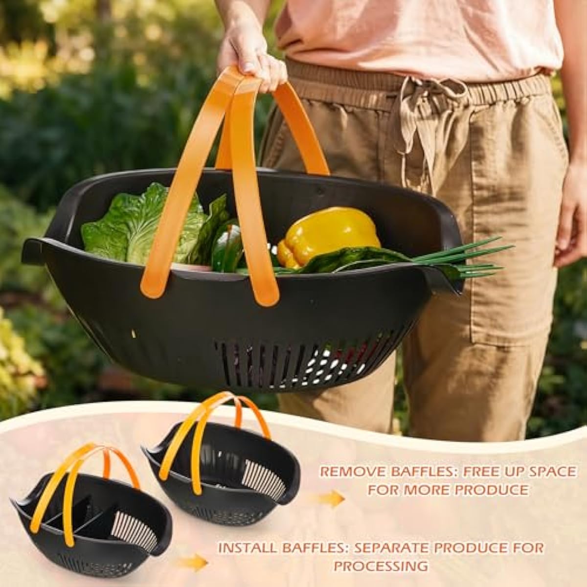 Nuogo 3 Pcs Garden Harvest Basket, Removable Partitions with Tool Caddy for Collecting, Carrying, and Cleaning Harvesting Basket Doubles as a Colander for Vegetables and Fruits Garden Accessories