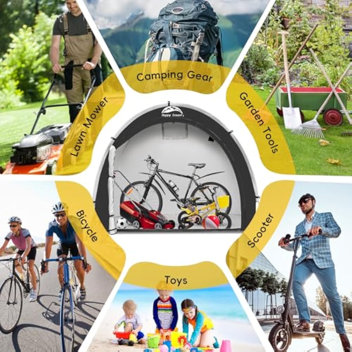 Happy Travel Bike Storage Shed Tent,Outdoor Portable Bicycle Storage Sheds with 210D Oxford Fabric PU4000 Waterproof for 2/3/4/6/8 Bikes,Bike Covers Shelter for Motorcycle,Garden Tools,Toys,Lawn Mower